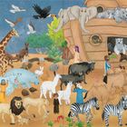 "Die Arche ist fertig" steht oben. Illustration von vielen Tieren, Menschen und einer Arche mit Elefanten und Zebras.