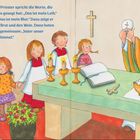 Text beschreibt Priester mit Brot und Wein. Kinder stehen daneben, ein Kreuz, offene Bibel und Kerzen auf dem Altar.