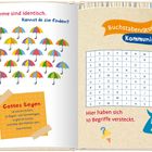 Zwei Schirme sind identisch. Kannst du sie finden? Buchstabenrätsel Kommunion. Hier haben sich 10 Begriffe versteckt.