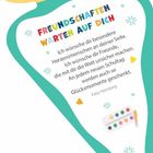 "FREUNDSCHAFTEN WARTEN AUF DICH" in bunten Buchstaben. Darunter ein Text über besondere Freunde und Glücksmomente. Schneeflocken und Farbpalette.