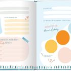 Zwei Seiten mit Textfeldern, Kreisen und Illustrationen. Überschriften: "Taufe", "einzigartig", "dein Tag". Sonne, Herz und Kreise.