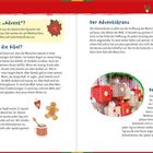 Der Advent, Was bedeutet „Advent“?, Was sagt die Bibel?, Warten im Advent, Der Adventskranz, Der Adventskalender. Bilder von Adventskerzen, einem Adventskalender, Menschen in biblischer Kleidung, Plätzchen und einem Getränk.