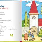 Text: „Wir gehen zur Kirche. Heute ist Sonntag. Die Glocken unserer Kirche läuten...“. Illustration: Menschen vor einer Kirche.