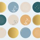 Zwölf runde Kreise, teils goldene Verzierungen, Linien, Blätter. Unterschiedliche Farben und Muster.