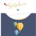 Text: "Gutschein FÜR". Illustration: Drei bunte Heißluftballons auf blauem Hintergrund.