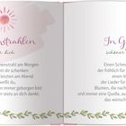 Links steht: "Sonnenstrahlen für dich". Rechts steht: "In Gottes schöner Welt". Dekoration mit Blättern und Schmetterlingen.