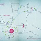 "Glückskarte", Umgebungskarte mit Städtenamen, Autobahnen und Baumillustrationen. Enthält Orte wie Braunschweig und Wolfsburg.