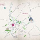 "Karte mit Orten: Lyon, Châtillon-sur-Chalaronne, Bourg-en-Bresse, Yzeron, La Balme-les-Grottes. Flüsse: Saône, Rhône."