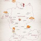 Text: "Glückskarte". Illustration einer Landkarte mit Symbolen für Musik, Essen und Sehenswürdigkeiten in Deutschland.