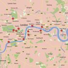 Eine Karte von London mit markierten U-Bahn-Stationen (1–12) entlang der Themse. Orte wie Camden Town und Greenwich sind sichtbar.