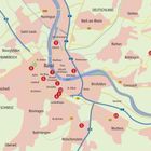 Karte der Region um Basel, zeigt Stadtteile, Straßen und Orte in der Umgebung inklusive Frankreich und Deutschland.