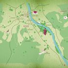 „BONN“, „RHEIN“, „Glückskarte“. Eine Karte mit farbigen Bereichen, Linien und Symbolen.