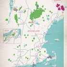 Texte: Burlington, Montpelier, Woodstock, Portland, Boston, Neuengland. Karte von Neuengland mit Städten, Flüssen, Wald.