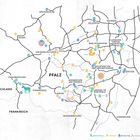 Kartenillustration der Pfalz mit Städten wie Kaiserslautern, Speyer und Symbolen wie einer Erdbeere und einer Ente.