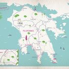 "Glückskarte" steht oben links. Eine stilisierte Landkarte der Peloponnes mit Städten und Sehenswürdigkeiten.