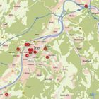 Karte mit Städtenamen wie Trier, Konz, Schweich und Ortschaften. Enthält Straßen und Flüsse, verschiedene Gebiete farblich markiert.