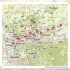 Karte der Region Nordrhein-Westfalen mit Städtenamen wie Dortmund, Essen, Duisburg, und herausgehobenen Punkten.