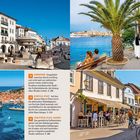 Texte: "Wirtschaft im Wandel", "Tourismus als Haupteinnahmequelle", "Kunst und Kultur", "Wirtschaft", "Architektur", "Der Fluch des Overtourism". 

Ein Obststand mit Äpfeln, Tomaten und Zitrusfrüchten vor einer Landschaft.