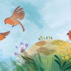 Illustration von fliegenden Vögeln über einer bunten Wiese mit Blumen und einem hügeligen Hintergrund.