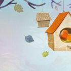 Zwei Vögel in einem Vogelhaus mit rotem Dach, umgeben von herabhängenden Häusern und fallenden Blättern, in einer Illustration.