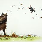 Illustration: Ein Wildschwein wirft Erde und einen Maulwurf in die Luft. Gräser und Insekten sind am Boden sichtbar.