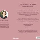"Krisen durchleben – 10 Frauen erzählen" steht oben. Melanie Carstens' Text beschreibt ihre redaktionelle Arbeit. Rechts Zitate von Christina Schöffler, darunter Mitwirkende. Links ein Bild einer Frau. Unten rechts ein Verlagshinweis.