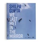 Text: "Shilpa Gupta We Last Met in the Mirror". 

Hintergrund: Blauer Himmel mit wenigen Wolken, schwarze Balken verteilt.