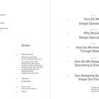 Seiten mit Inhaltsverzeichnis, Themen: Designfragen, Spekulation, Entwurfsmethoden, Zukunftsbildung. Farbleiste rechts.