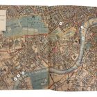 Eine Landkarte von London mit markierten Orten: Battersea, Chelsea, Old Chelsea, St. James Street, Westminster Bridge.