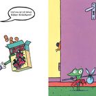 Sprechblase: "Und was ist mit deinen Käfer-Kräckern?" Ein grüner Frosch mit Bündel steht vor lila Tür.