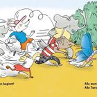 Texte: "Achtung, Achtung! Das Wettrennen beginnt! Wer am schnellsten ist, gewinnt!" und "Alle starten, rennen, rasen. Alle Tiere? Nein! Eins ...". Illustration von Tieren beim Laufen.