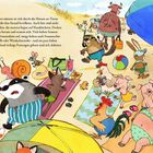 Text beschreibt Tiere am Strand, die mit Sonnenbrillen, Hüten und Sonnenschirmen entspannen. Bunte Illustration von Tiere.