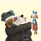 Kalender Februar mit Wochentagen. Illustration: Ein Hund in einem Mantel hält eine kleine Puppe.