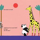 "Dicke Socken für Giraffe. 'Giraffe braucht eine warme Decke!', ruft Koala." Illustration: Koala, Panda, Giraffe mit Socken.