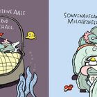 Links: "Morgens liegen kleine Aale schlummernd in der Babyschale."  
Rechts: "Sonnenaufgang, Milchkaffee, Ausblick in die blaue See."  
Illustration: Aale in verschiedenen Szenen.