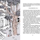 „STRANDHOTEL PIA“ steht auf einer Hauswand. Ein Baum, lose Blätter, Person mit rotem Hut und Gummistiefeln.