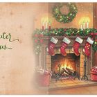 Lieber, guter Nikolaus. 6. Dezember. Festlicher Raum mit Kamin, Kranz, Weihnachtssocken, Baum und Geschenken.