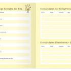 Wichtige Kita-Kontakte sind aufgelistet. Rechts sind Tabellen für Kolleg*innen und Elternbeirat. Oben rechts kleine Illustration.