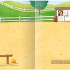 Text: "Auf dem Sandplatz dürfen sich die Pferde mit ihren kleinen ReiterInnen..." Illustration: Ein Sandplatz mit Zaun, Baum und Stall.