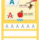 "A wie Affe" und "A wie Apfel" mit Affen- und Apfelillustrationen; bunte Buchstaben und Schreiblinien.
