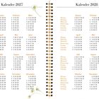 Kalender 2027 links und Kalender 2028 rechts, jeweils mit Monaten und Wochentagen in verschiedenen Farben. Blumenmuster oben.
