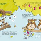 Eichhörnchen und Eulen, Aufgaben für Kinder mit Eicheln, Blättern und Theo Spinne illustriert.