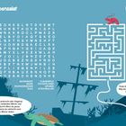 Linke Seite: Buchstabensalat, verschiedene Wörter suchen. Rechte Seite: Labyrinth, Hummer sucht Weg zur Höhle.