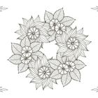 Eine Illustration zeigt einen runden Blumenkranz mit Blättern und Blumen in Schwarz-Weiß, flankiert von floralen Ecken.