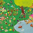 Text "LOVE" an einem Tisch. Illustration eines bunten Parkszenarios mit Tierfiguren: Picknick, Bootfahren, Spielen.