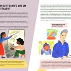 "Aber warum geht es hier nur um Kunst von Frauen?" Illustration mit Malerinnen und einem Maler, der an einer Staffelei arbeitet.