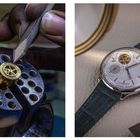 Links: Hand beim Bearbeiten eines Zahnrads. Rechts: Luxuriöse Uhr mit grünem Armband auf Lederunterlage.