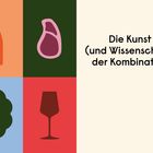 Text: "Die Kunst (und Wissenschaft) der Kombination." Illustration: Flasche, Fleischstück, Blatt, Weinglas auf bunten Quadraten.