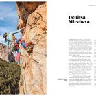 Links klettert eine Person an einer steilen Felswand in bunter Kletterausrüstung, darunter blauer Himmel. Rechts steht: "Denitsa Mircheva".