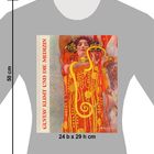 Text: "GUSTAV KLIMT UND DIE MEDIZIN". Illustration einer Person in buntem, ornamentalen Gewand vor grauem Hintergrund.